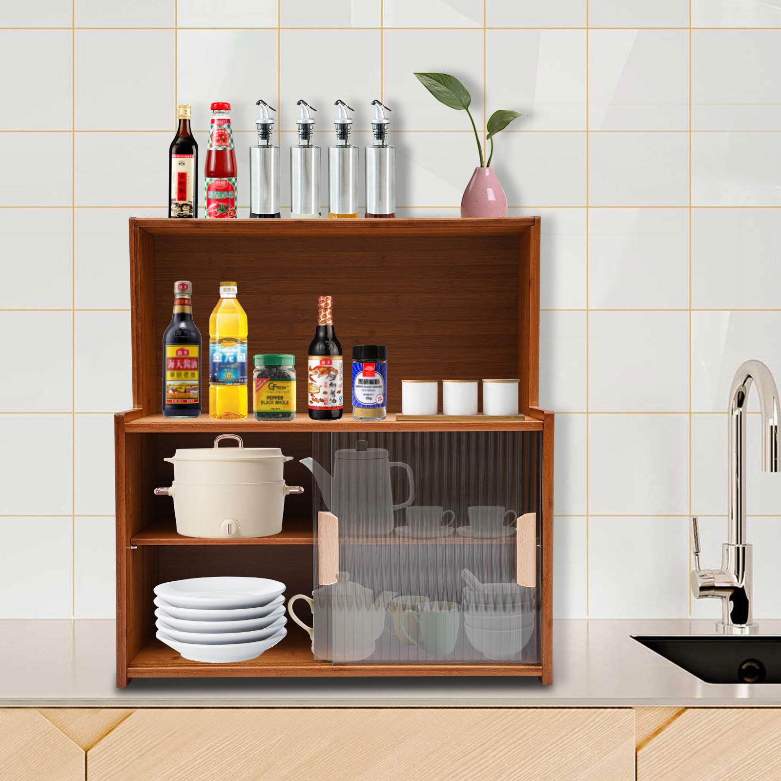 Scaffale da cucina a 4 ripiani, portaspezie in bambù con porta scorrevole in vetro, organizer da cucina per piano di lavoro di spezie, oli, bicchieri e bottiglie, marrone scuro, 55 x 28 x 61