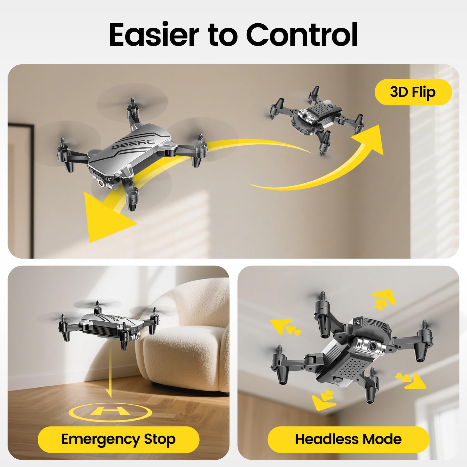 DEERC Mini Drone avec caméra quadricoptère 1080P pour enfants ou adultes avec 2 batteries, pliable, commutation automatique de la souris, contrôle vocal/gestuel, contrôle de la vitesse D20 Bleu