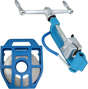 BAND-IT Stainless Steel Banding Tool Bundle Includes C00169 Standard Banding Tool 1/4"3/4" Wide,0.015"0.030" Thick and C204B9 201 Stainless Steel Bright Annealed Band Roll 1/2"x100 ft, Blue Tote