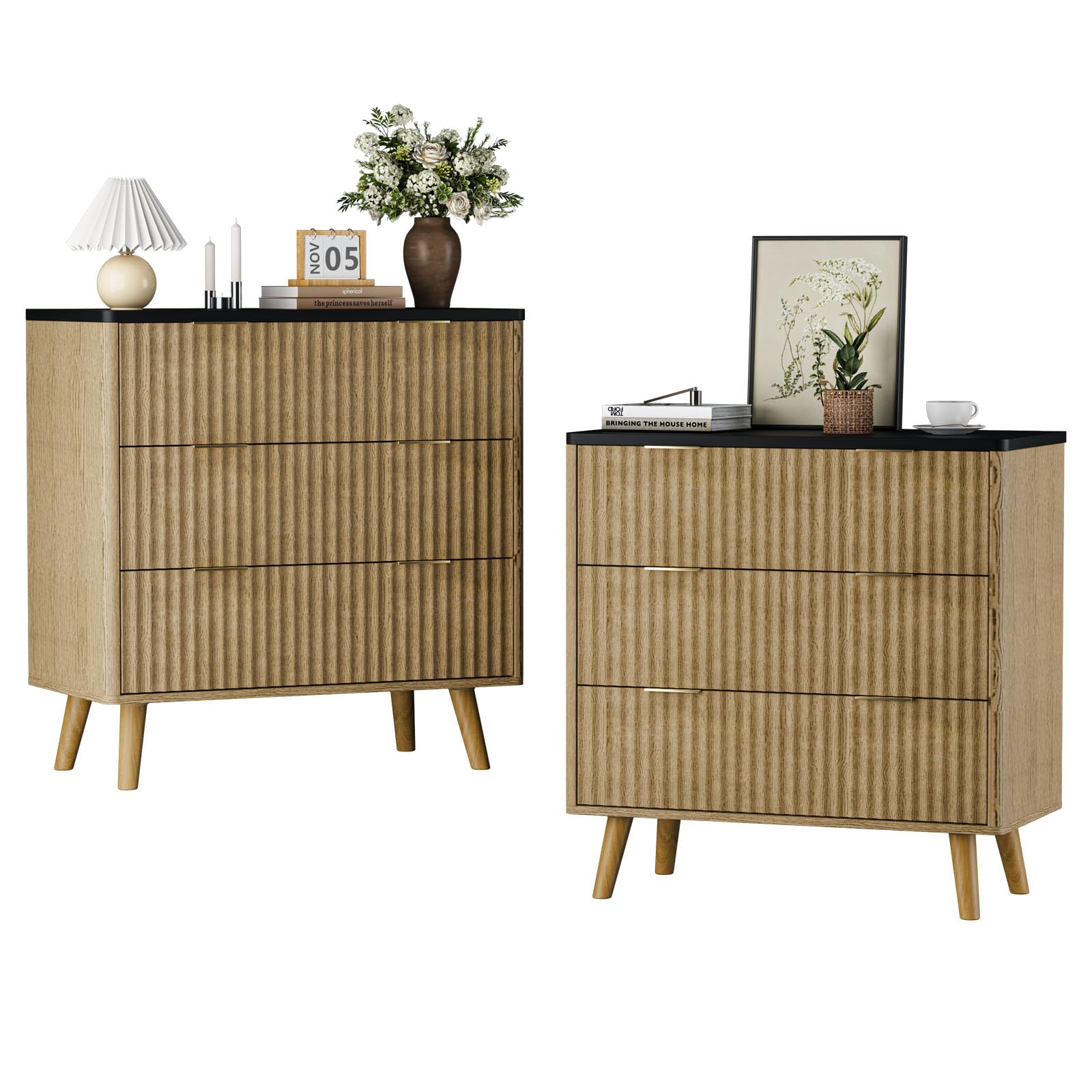 BREEZEHEAT Modern 32" Fluted Nightstand Set of 2–Natural Wood Bedside Tables with 3 Drawers and Frosted Desktop, Large Night Stand-End Table for Large Spaces, Bedroom