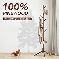 Vista 32 de Perchero de madera independiente con 8 ganchos, fácil montaje, percheros de pino de Nueva Zelanda, 3 tamaños ajustables para ropa, sombreros