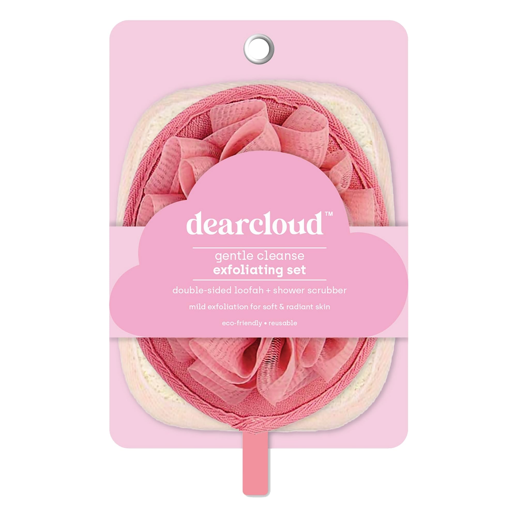 dearcloud Gentle Cleanse Exfoliating Set – Double-Sided Loofah & Shower Scrubber – Reusable Exfoliating Body Scrubber & Body Scrubber Exfoliator (Pink)