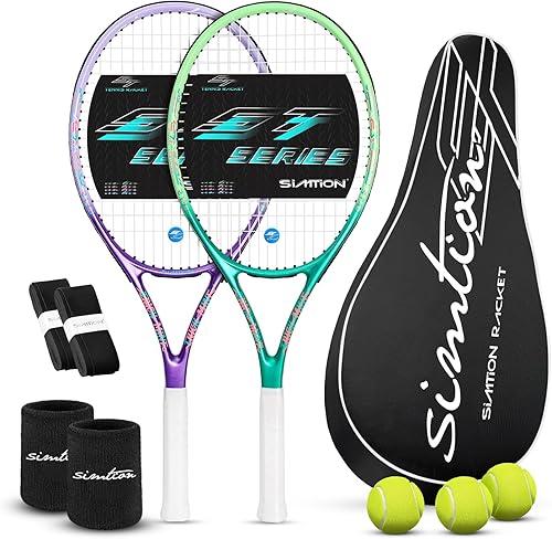 Juego de raquetas de tenis de 27 pulgadas, raquetas de tenis preencordadas para 2 jugadores para adultos, 2 cintas de sobreagarre, 3 pelotas, 2
