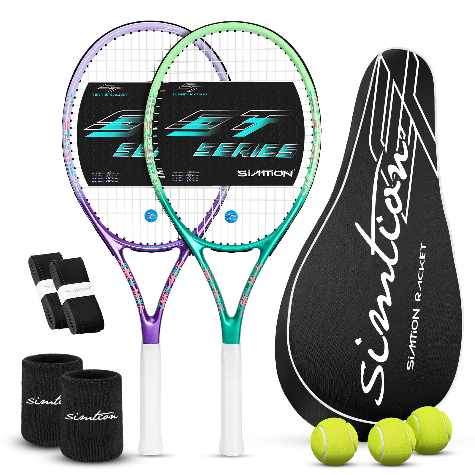 SIMTION 27 Inch Tennis Rackets Set, 2 Player Pre-StrungTennis Racquets for Adults, 2 Overgrip Tapes, 3 Balls, 2 Wristbands and Carrying Bag, for Beginner and Professional (Dark Purple & Dark Green)