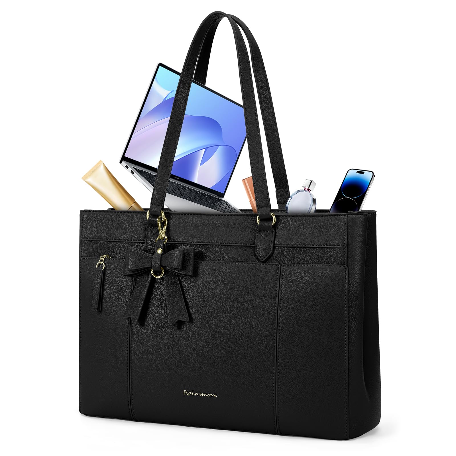 RAINSMORE Work Tote Bags for Women 15.6 Inch Laptop Bag Womens Waterproof PU Laptop Purse with Large Bow Laptop Briefcase for Office Computer Travel Shoulder Handbag, Black