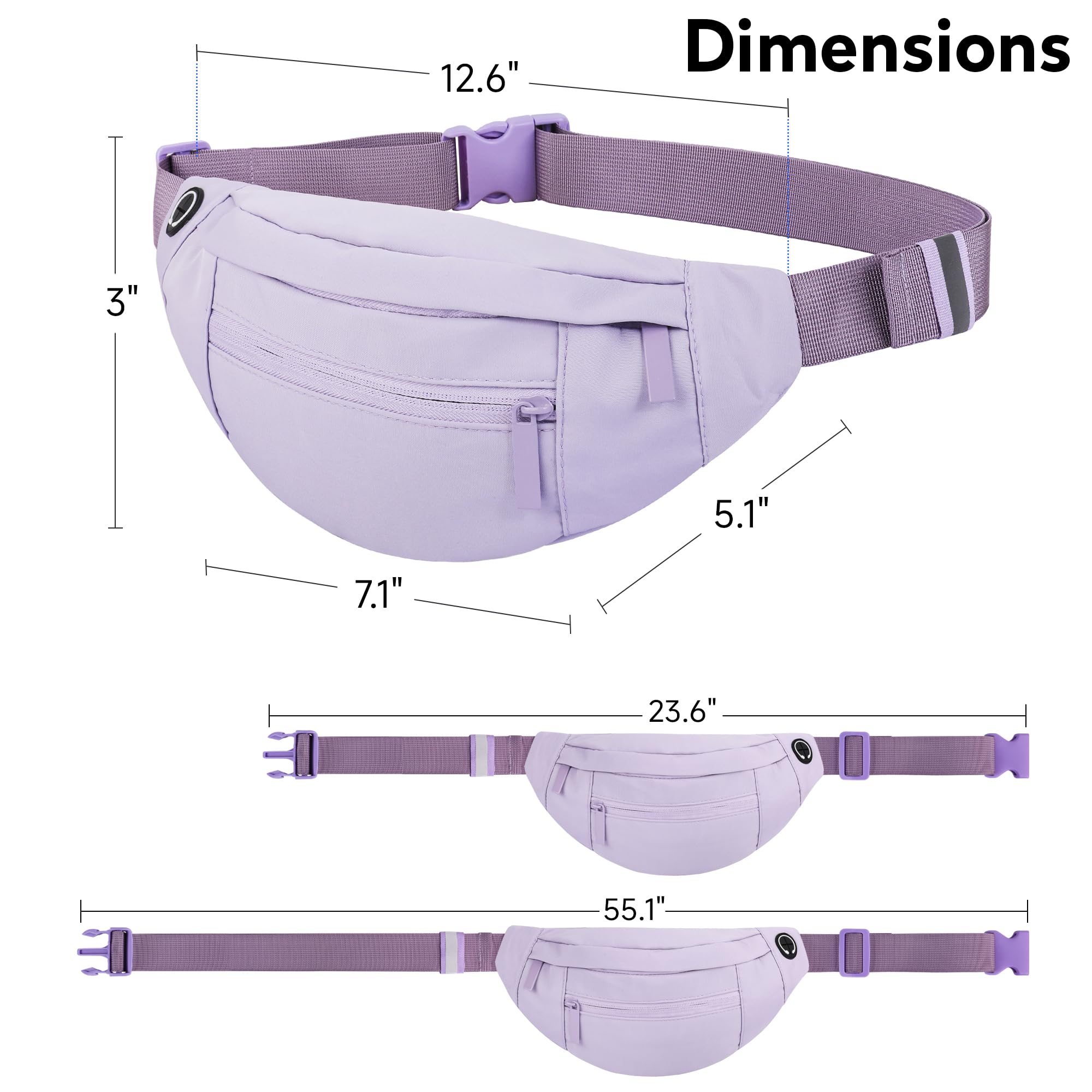 Bauchtasche für Damen und Herren, Umhängetasche, Hüfttasche mit Reißverschluss, verstellbarer Riemen, wasserdicht, für Laufen, Wandern, Reisen, Helles Violett, Large, Hüfttasche mit 4
