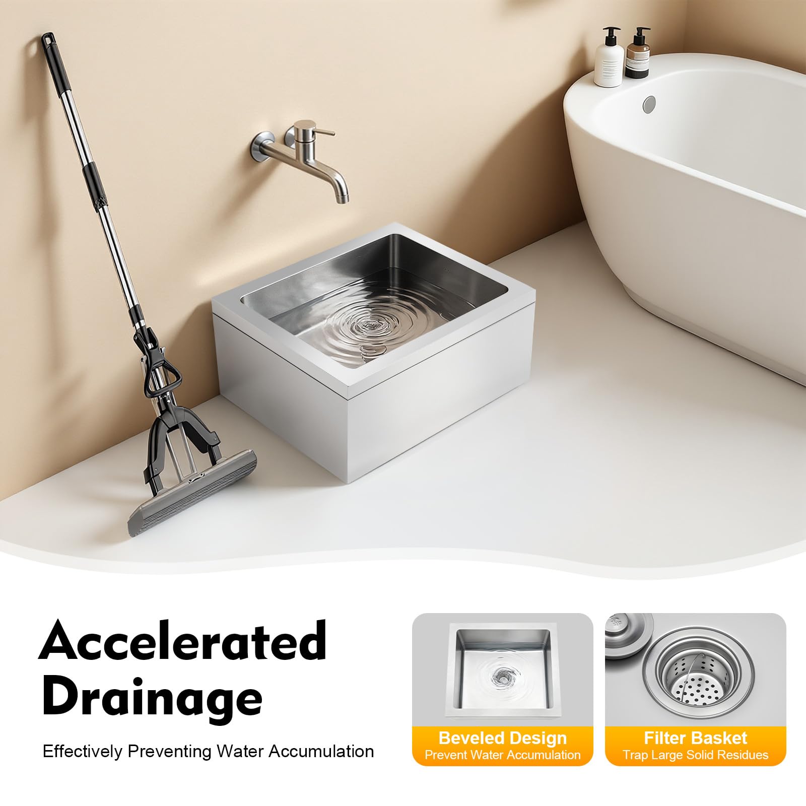 Lavabo da pavimento in acciaio inox 304, 56 x 48 x 28 cm, lavello | 48 x 40 x 20 cm, dimensioni interne: 48 x 40 x 20 cm, 10 kg. acciaio inox 304, cestello filtro, 4 piedini in plastica