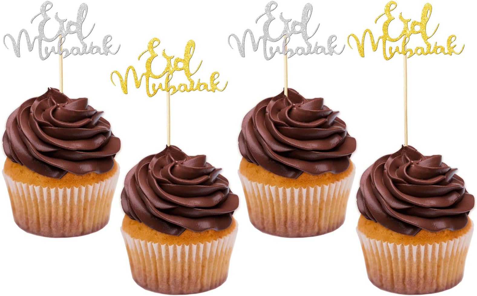 Eid Mubarak Cake Topper,20 Pcs Eid Mubarak Cupcake Toppers,Muslim Mubarak Glitter Cake Decorations- Ramadan Kareem Party Eid Decorations for Home Star Moon Birthday Cupcake Toppers