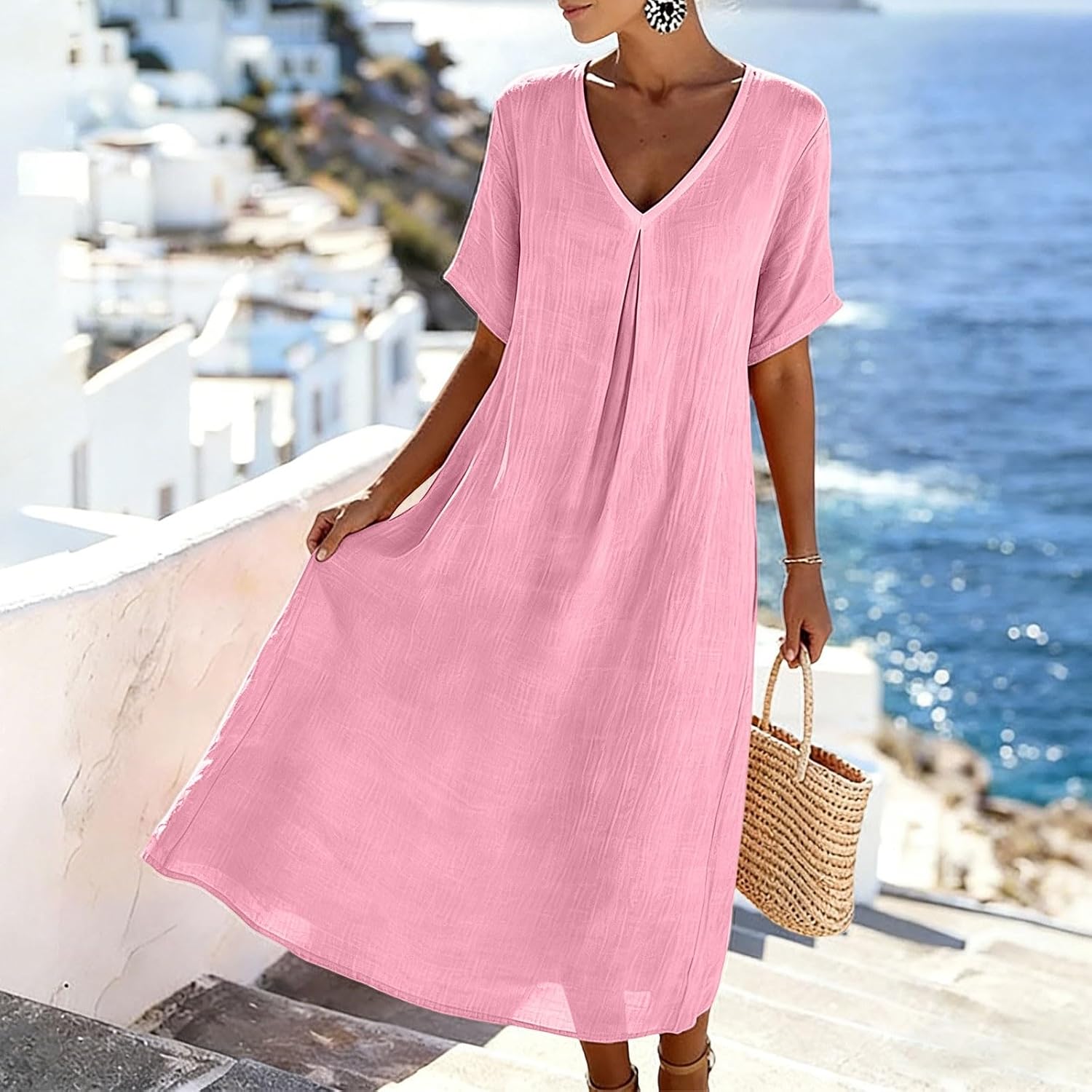 Linen Dresses for Women Cotton Summer Sundress Short Sleeve V Neck Midi Dress Flowy Beach Vacation Outfits
