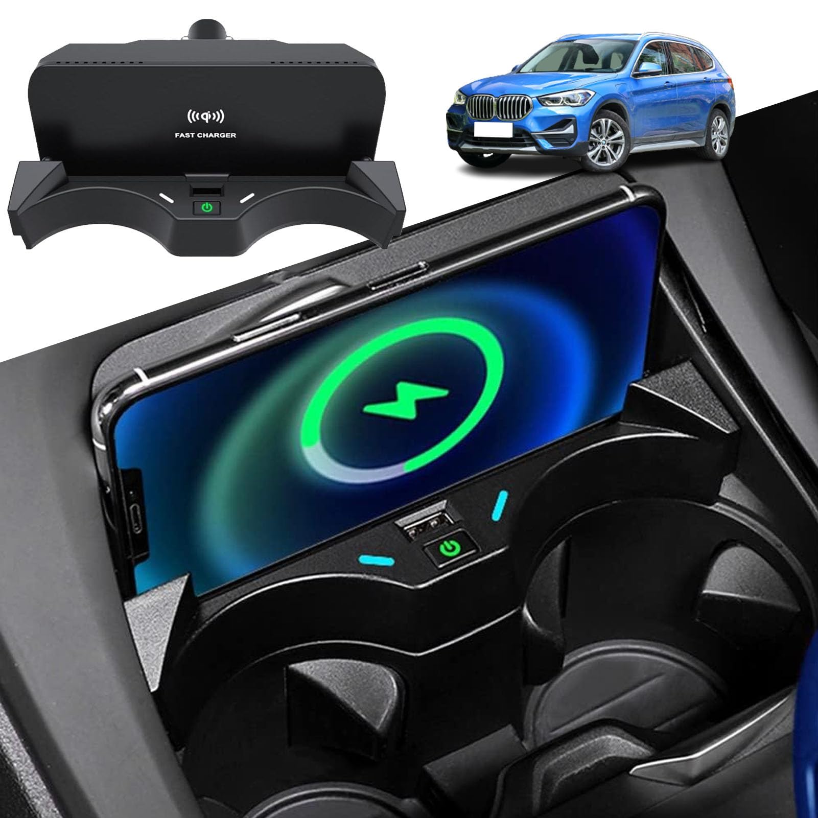 Caricabatteria da Auto Wireless per BMW X1 2020 2021 2022 Pannello Accessori Console Centrale,Caricabatterie per Telefono A Ricarica Rapida Qi da 15 W per Qualsiasi Telefono Abilitato Qi