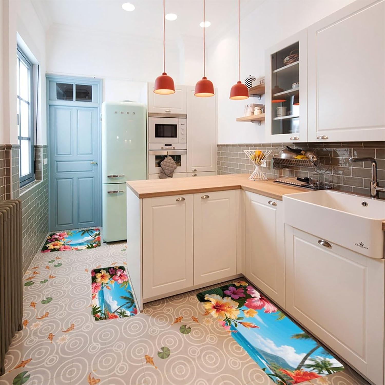 Hawaii Floral Tropic Kitchen Mats for Floor 3 Pcs Kitchen Rugs