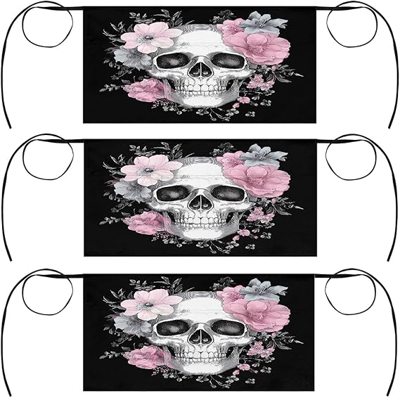 3 Pack Server Apron Gothic Flowers Sugar Skull Waitress Aprons with 3 Pockets Oil Stain Resistant Short Waiter Waist Aprons for Women Men Restaurant Cafes Bars Home