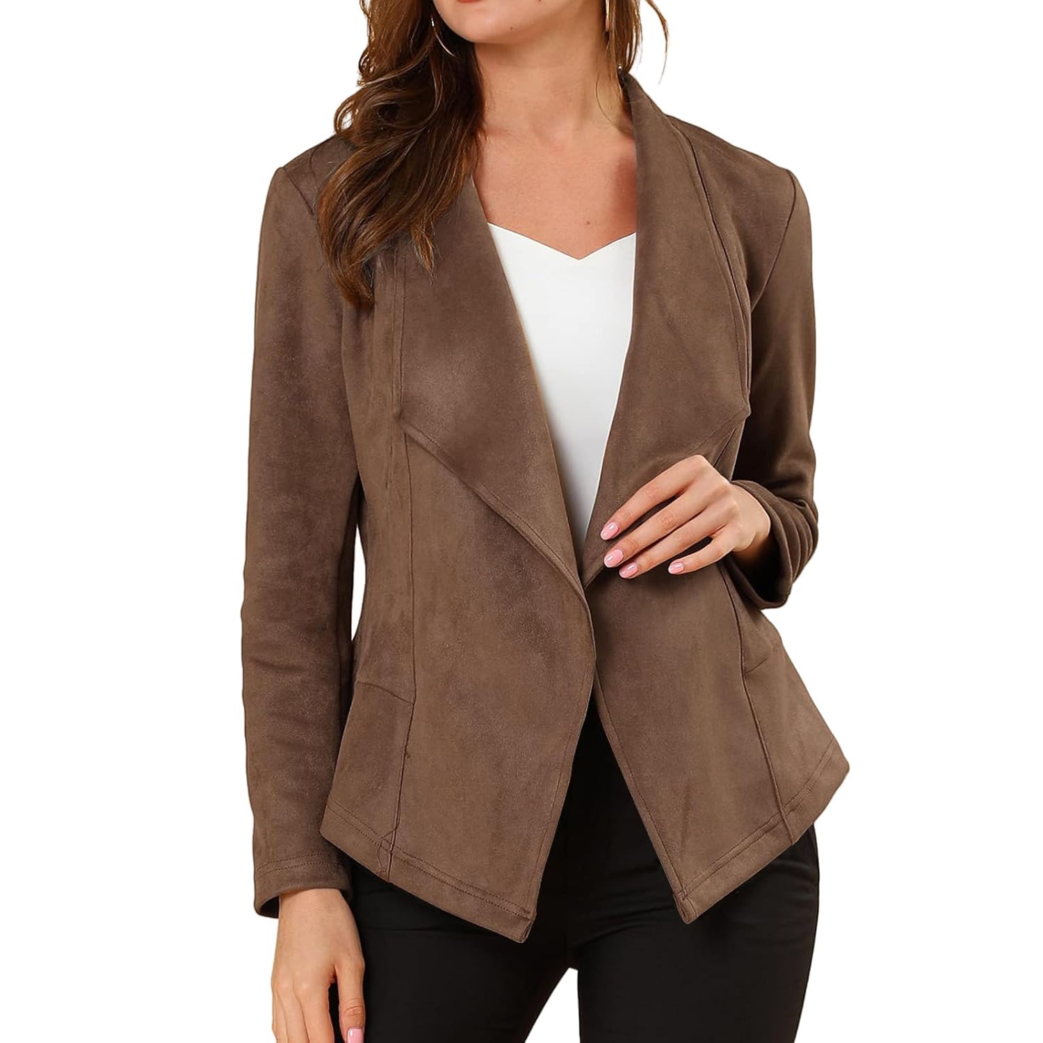 Womens Faux Suede Jackets Lapel Collar Dressy Suit Jacket Long Sleeve Open Front Casual Blazers Jackets