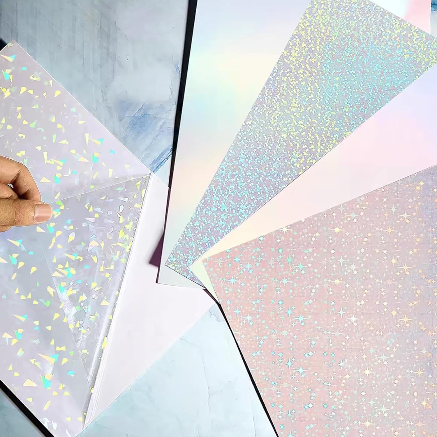 STARVAST 90 Sheets Holographic Cold Laminate Sheets, Transparent Self-Adhesive Vinyl Laminate Film for Sticker Paper, A4 Size Waterproof Overlamination - Gem, Rainbow, Spot, Star Patterns