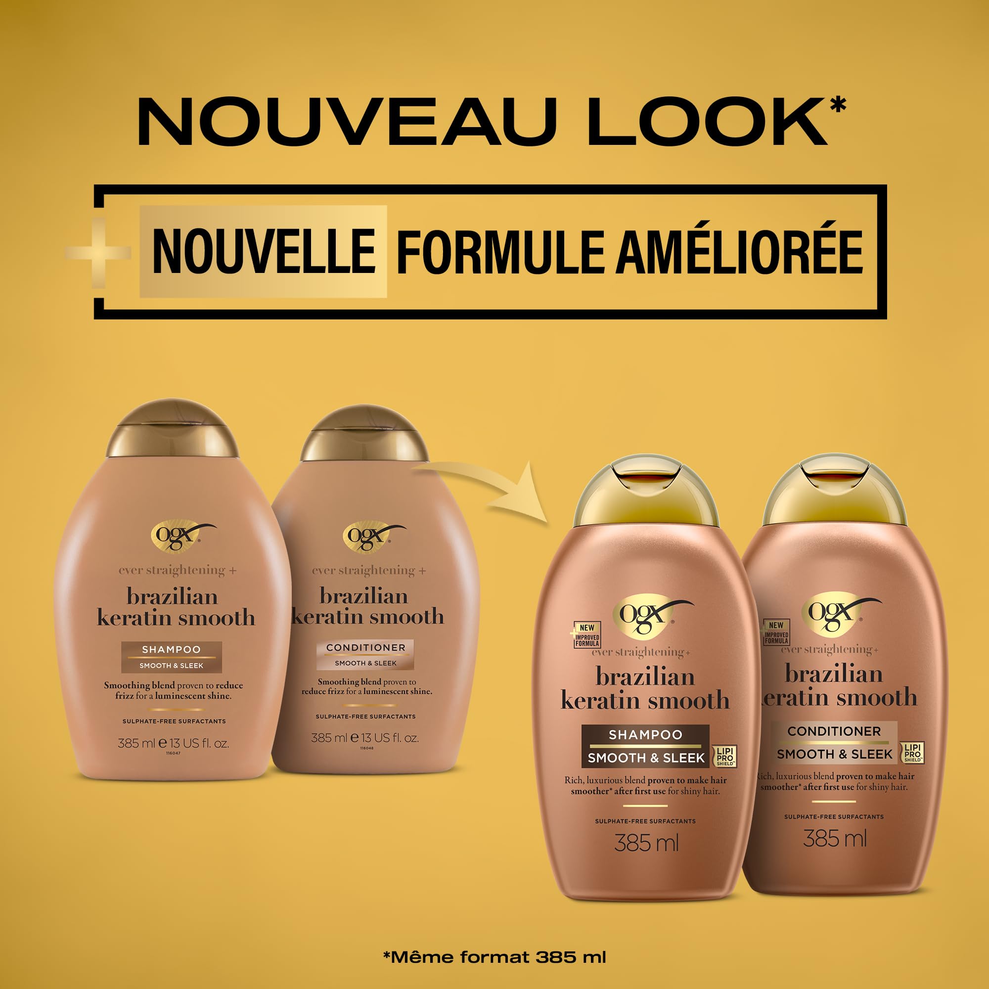 OGX - Après-Shampooing Kératine Lissage Brésilien (flacon de 385 ml) – Soin capillaire lissant à la kératine pour des cheveux brillants – Après-shampoing sans sulfate et sans parabène