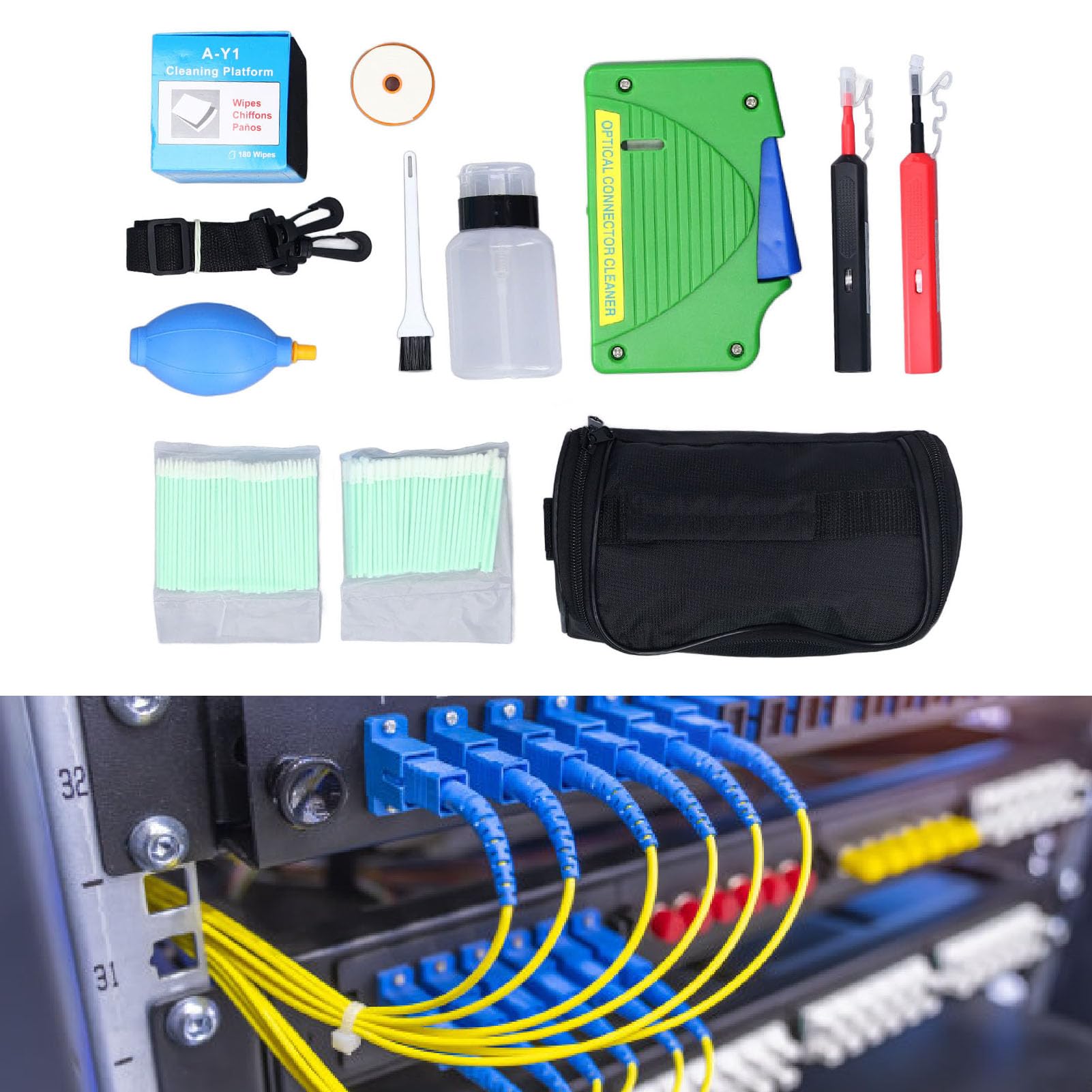11 Pezzi Kit di Pulizia per Fibra Ottica Strumenti di Ispezione per la Pulizia della Fibra Ottica 1.25mm 2.5mm Scatola per Pulizia Penna per Pulizia estremità in Fibra