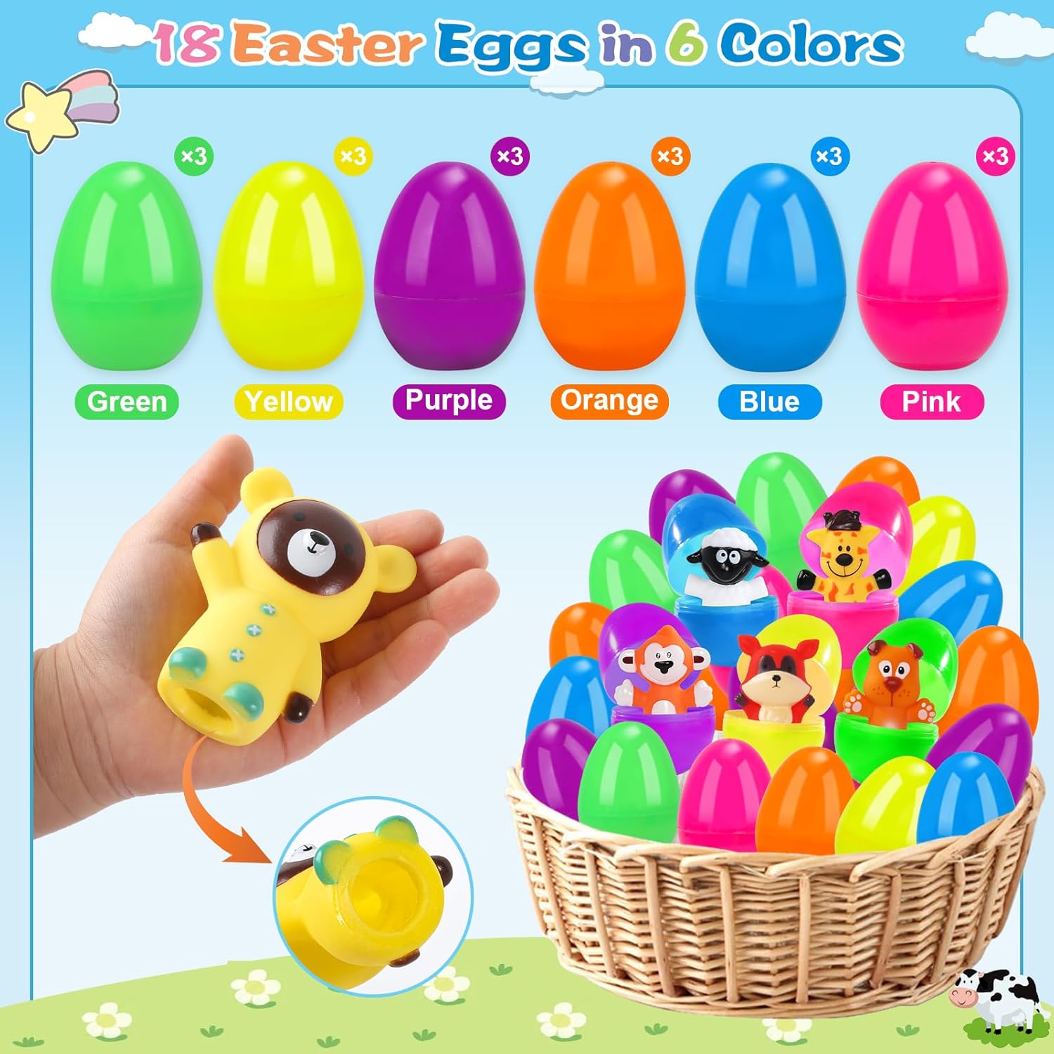 Prefilled Easter Eggs with Animal & Farm Finger Puppets, Easter Basket Stuffers for Kids Hunting Games, Easter Eggs with Toys Inside for Basket Fillers, Easter Party Favor, 18 Pack