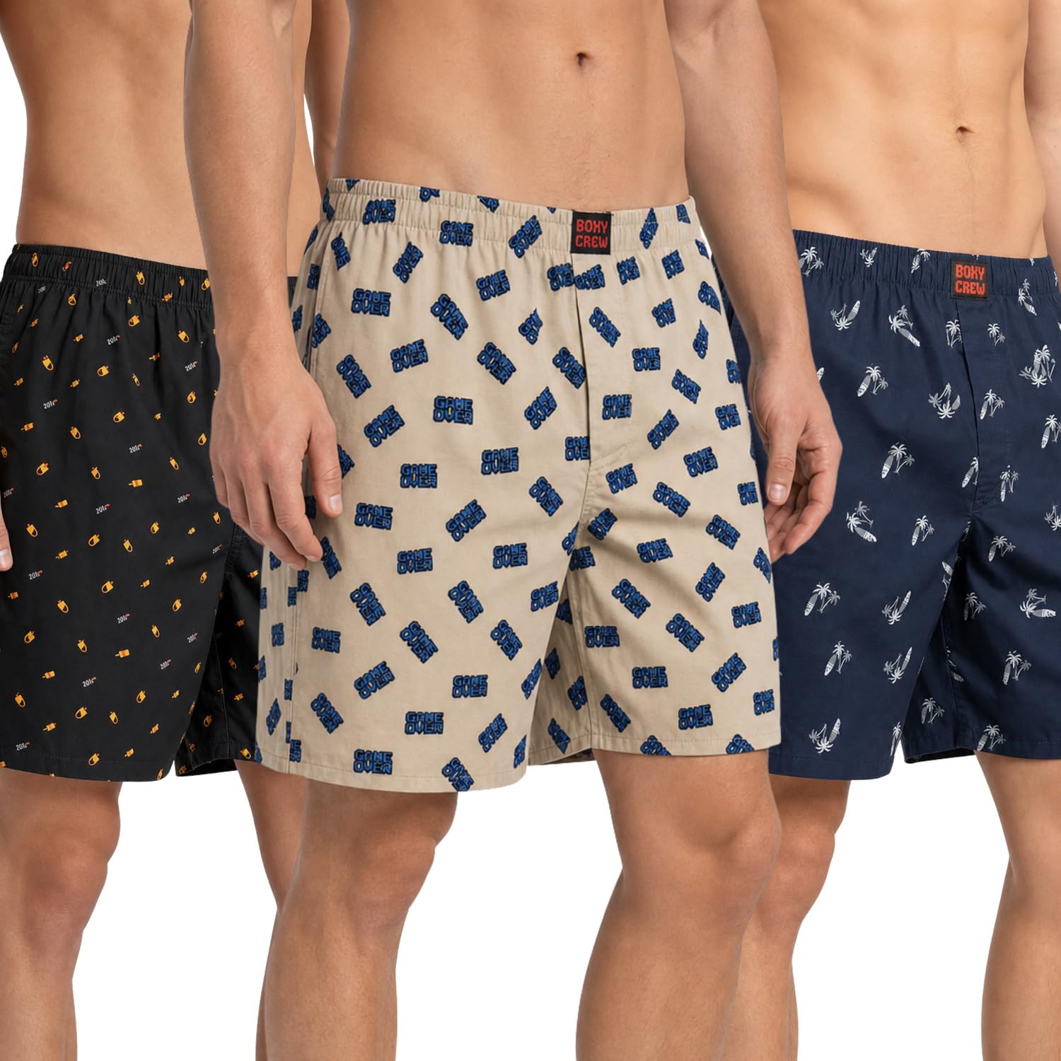 Men's 100% Cotton Printed Boxer Shorts Pack of 3 with Dual Side Pockets and Fabric-Covered Waistband - Black/Beige/Navy Blue, Styles MBX016, MBX019, MBX025-picture-32