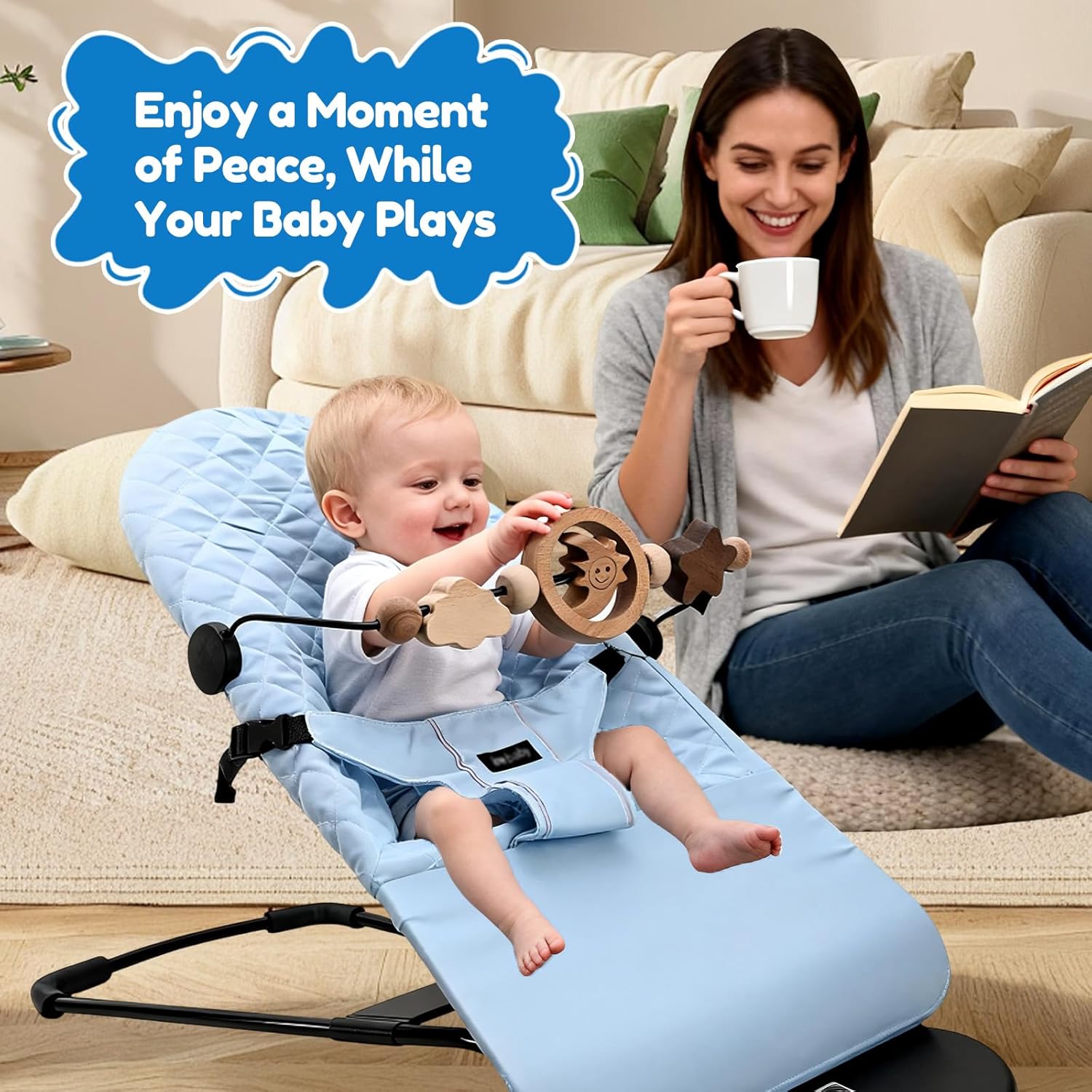 Natural Wooden Activity Toy Bar for Baby Bjorn Bouncer, 360° Rotating Smiling Moon Hanging Toys for Infant Car Seat & Stroller, Sensory Development Toy 0-12 Months