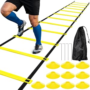 Tebery 20 Feet Agility Training Ladder, 12 Adjustable Rungs Soccer Ladder Equipment with 10 Cones 4 Stakes 1 Carry Bag, Fitness Speed Training Equipment for Football, Basketball Sports
