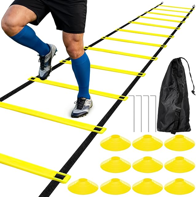 Tebery 20 Ladder de formation sur l'agilité des pieds, 12 Rungs réglables Équipement d'échelle de soccer 10 Cônes 4 Stakes 1 Sac de transport, équipement d'entraînement de vitesse de fitness pour le football, les sports de basketball