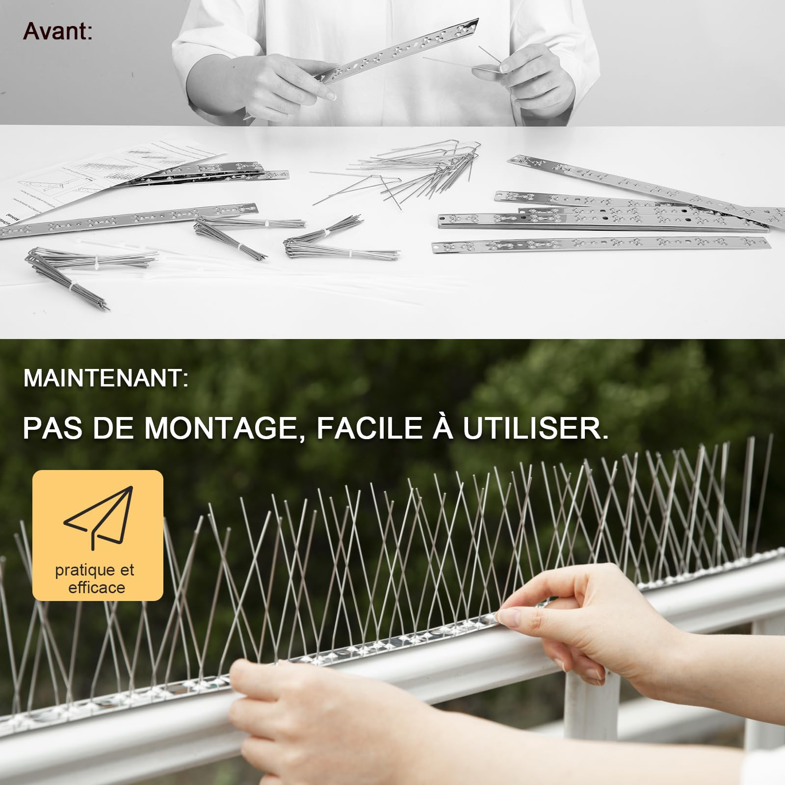 OFFO pic Anti Pigeon (5,2m), pré-assemblées pour toits et fenêtres, Piques Anti-Oiseaux durables Contre Corbeau, Mouette et Petit Oiseau, Ensemble de Pointes Anti-Oiseaux en Argent Brillant