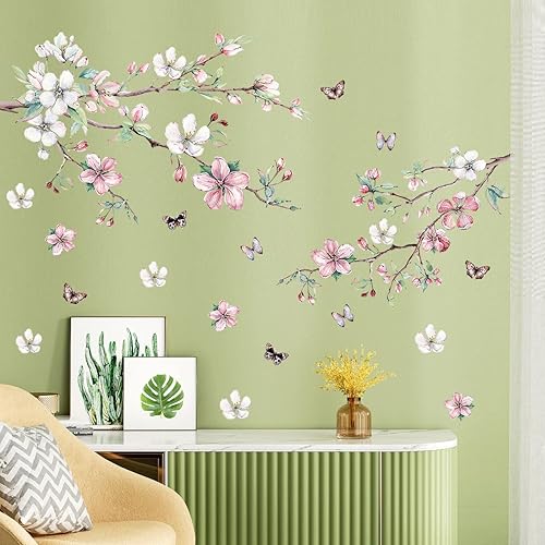 AM AMAONM Calcomanías de pared de flores de ciruelo y mariposa, diseño de ramas de árbol marrón y flores blancas extraíbles, diseño de flores de