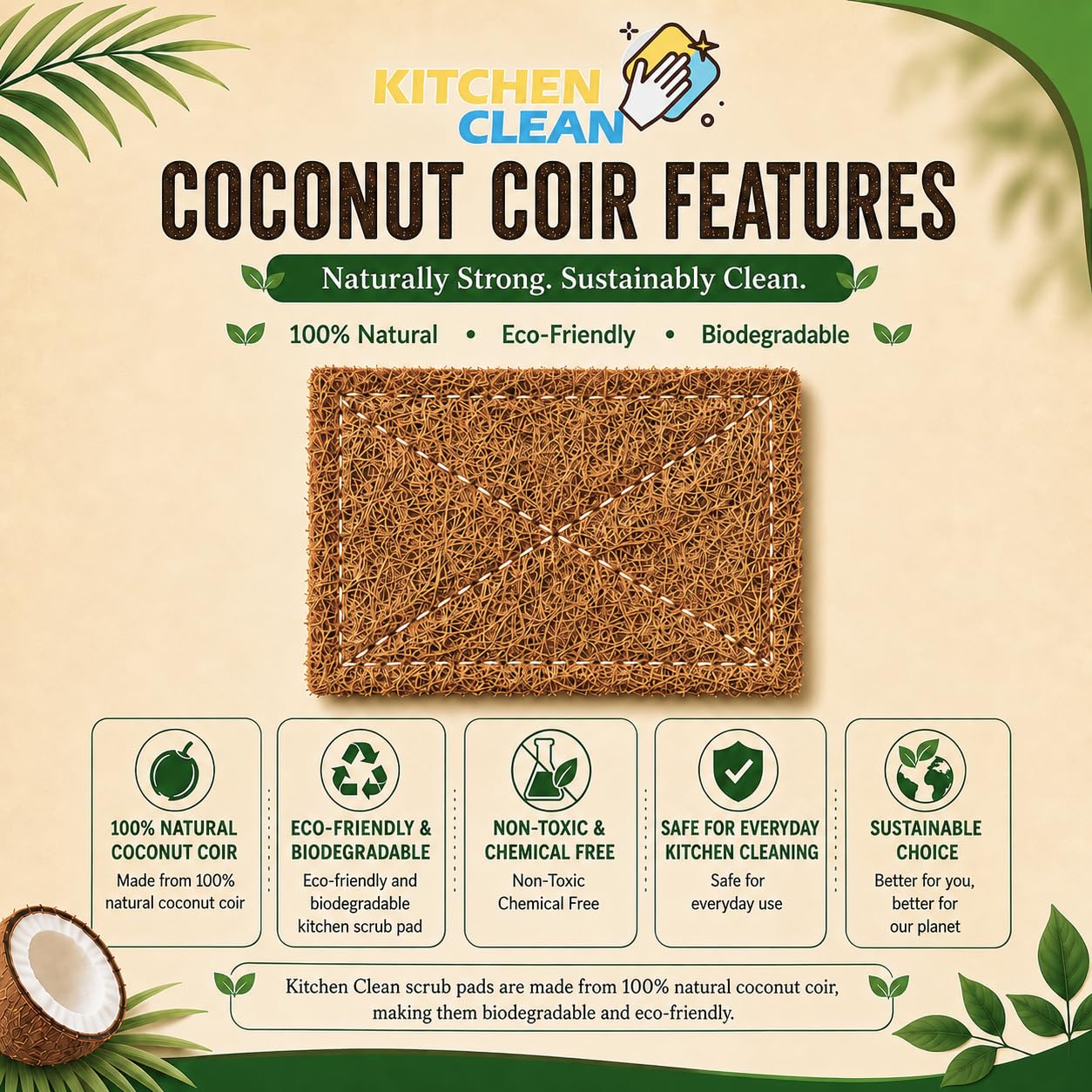 Kitchen Clean Coconut Scrub Pad, Brown, (Small, 3x4 inch, Pack of 10) 4