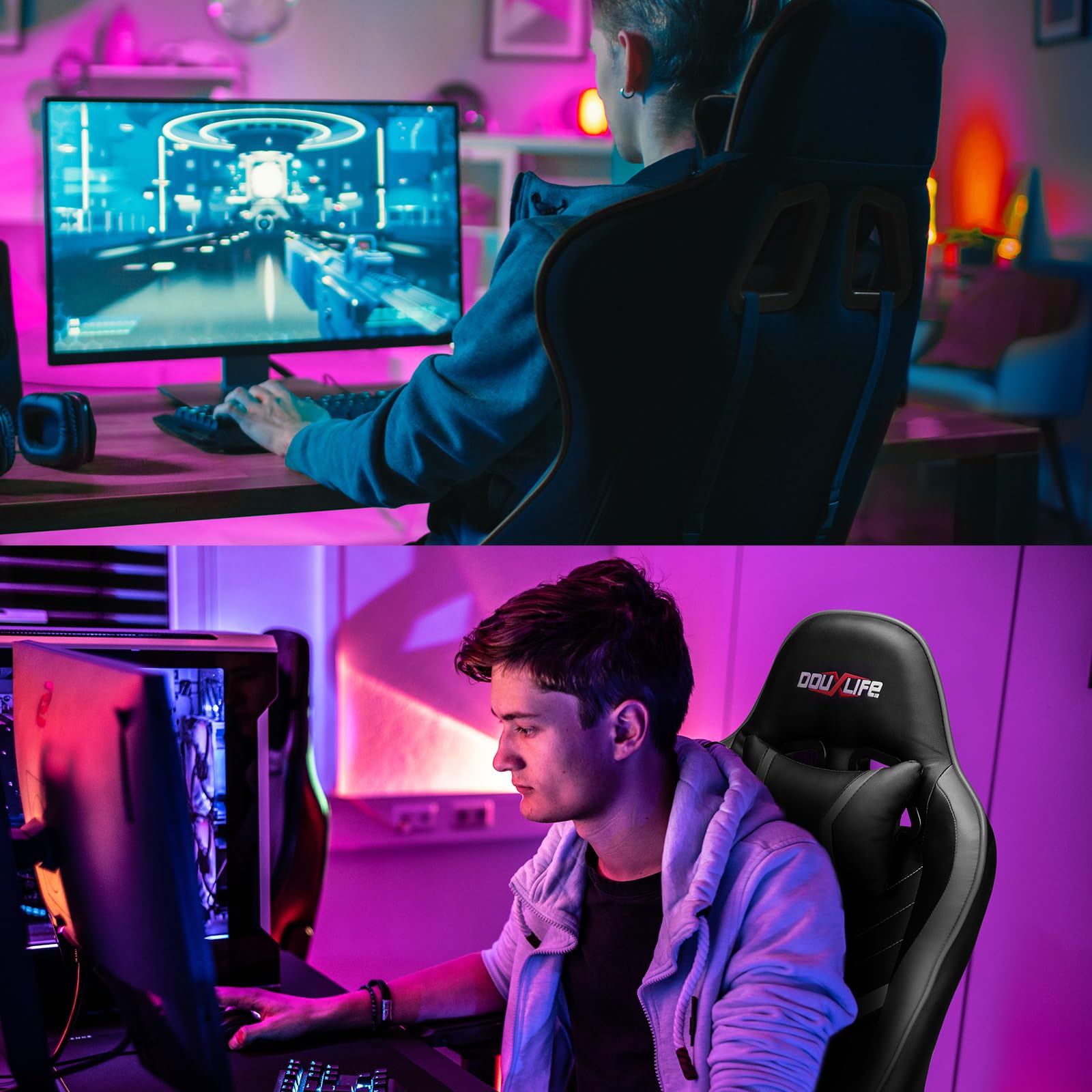 Douxlife Sedia da Gaming con Massaggio a 7 Punti, Sedia da Ufficio Ergonomica Schienale Regolabile 90-175°, Bracciolo 2D Regolabile, Poltrona da Gaming per Adulti, Portata 150-180 kg, Grigio