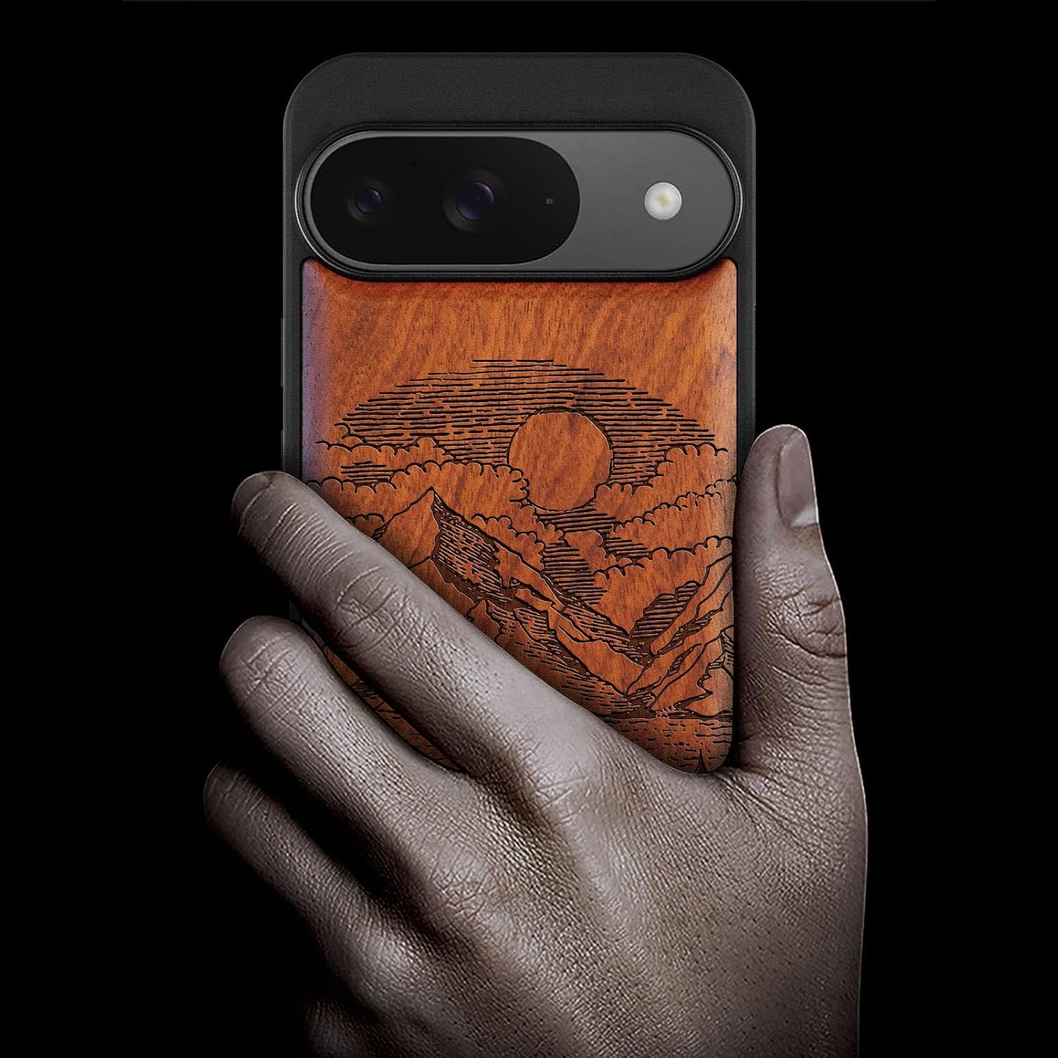 Carveit Magnetic Wooden Case for Google Pixel 9 Case, Wood Artisan Engraved & Soft TPU Shockproof Cover, Compatible with MagSafe Wireless Chargers (Alpine Lakes) Rosy
