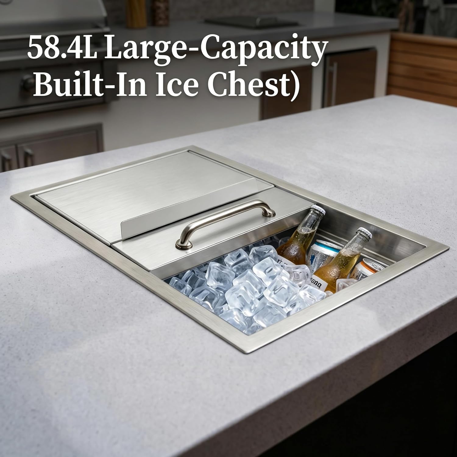 Stainless Steel Drop in Ice Cooler, 18" L x 12" W x 15" H, 61.5QT Capacity Commercial Ice Chest with Hinged Cover, Drain-Pipe Set for Outdoor Patio, Home Kitchen Island to Chill Wine Beer Beverages