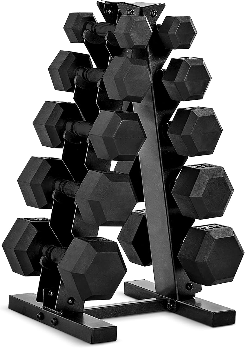 Juego de mancuernas hexagonales recubiertas de goma con estante de almacenamiento | Opciones de 100 a 210 lb, almacenamiento compacto vertical que ahorra espacio para entrenamiento de fuerza en gimnasio en casa