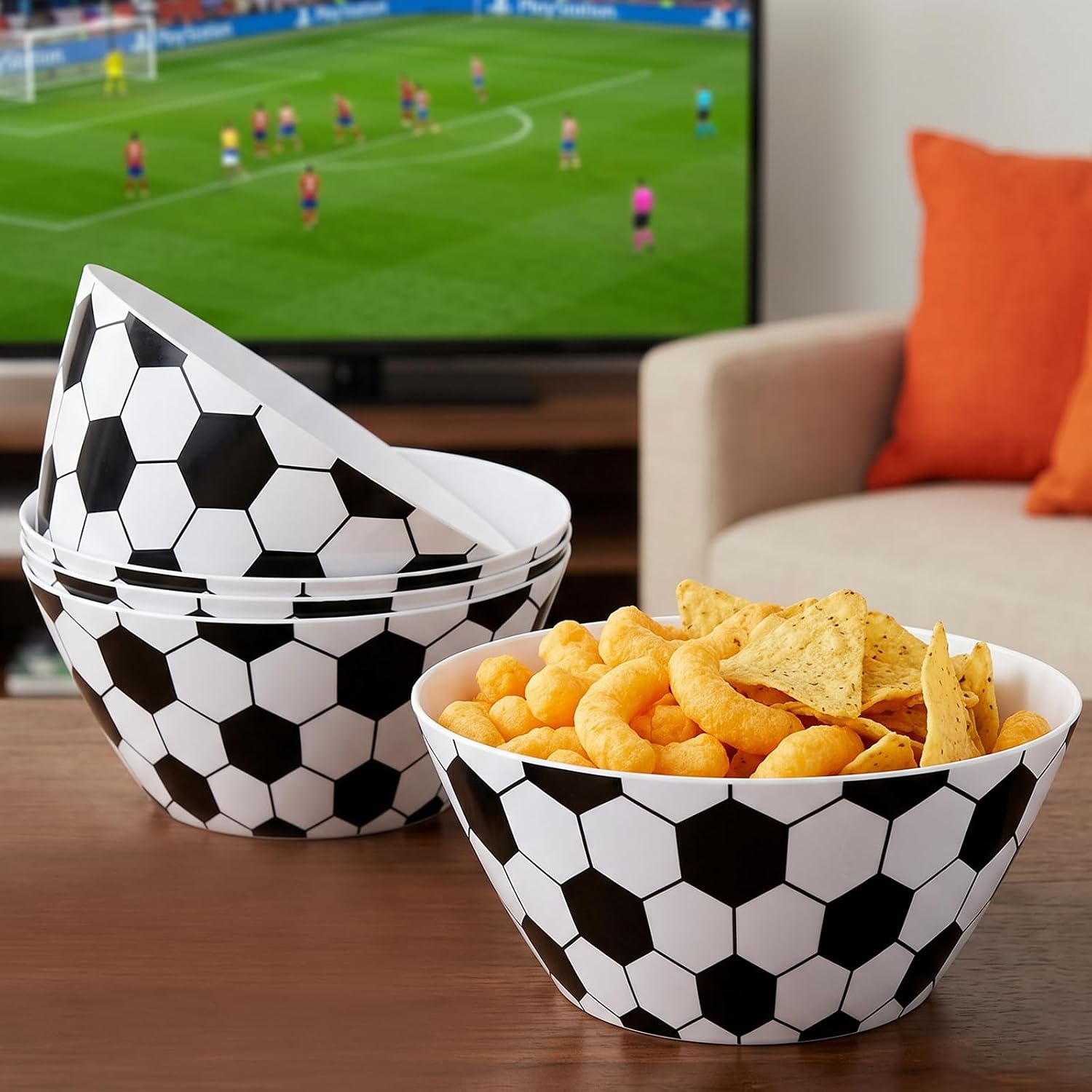 4Pcs Soccer Snack Bowls Melamine Football Party Serving Dishes Reusable Durable Snack Tray for Kids Birthday Game Day Team Events