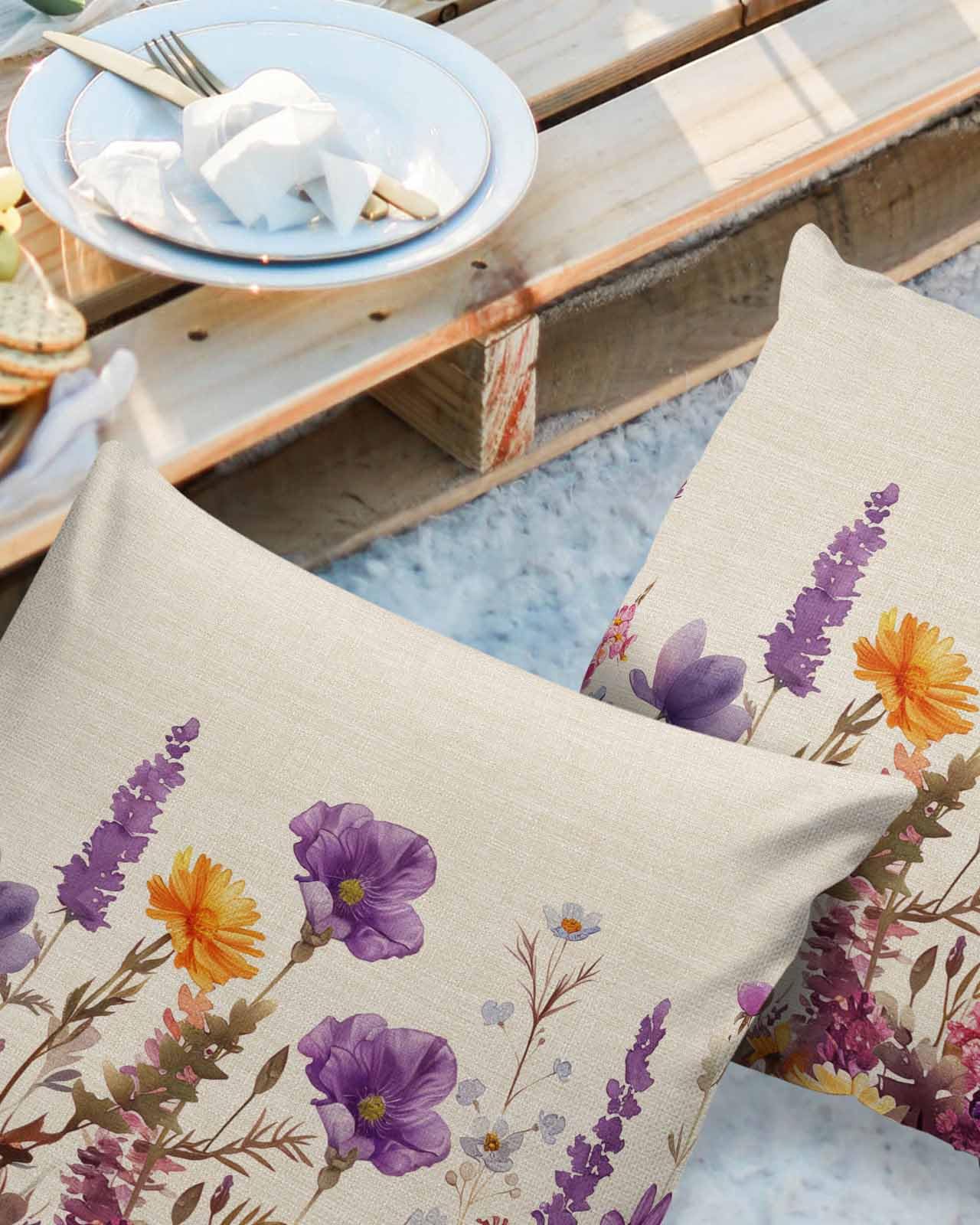 DOME-SPACE Pack of 2 Outdoor Pillow Covers Spring Throw Pillow Covers Decorative Outdoor Pillows Waterproof Outdoor Cushions for Patio Couch Garden Bench Tent Bed Sofa 16x16 Inch Lavender and Daisies