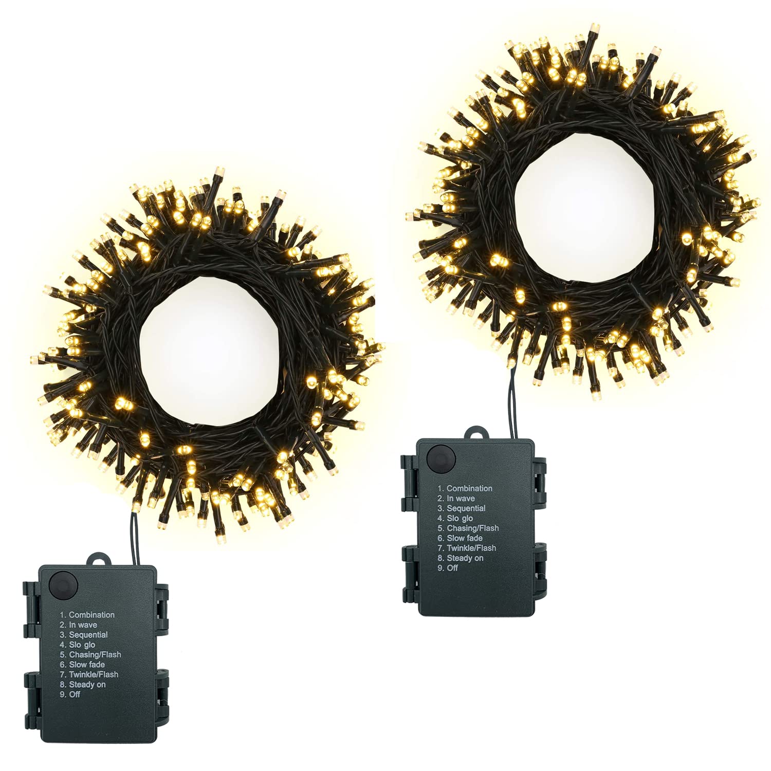 Cadena de luces con batería con temporizador, 2 unidades, 5 m, 50 ledes, para exteriores, funciona con pilas con 8 modos, cadena de luces interiores con batería, para Navidad, Halloween, jardín,