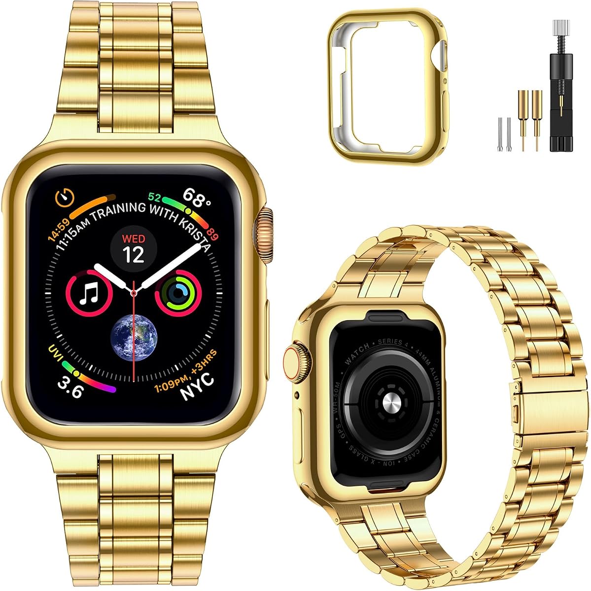 Solid Stainless Steel Bands for Apple Watch 44mm 42mm (Series 3/2/1) | Adjustable Metal Strap with Soft TPU Case for Women and Men, Fits iWatch Bands Series 6 5 4 3 2 1, SE3, SE2, SE, Gold