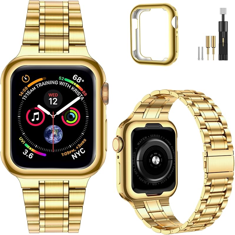 Solid Stainless Steel Bands for Apple Watch 44mm 42mm (Series 3/2/1) | Adjustable Metal Strap with Soft TPU Case for Women and Men, Fits iWatch Bands Series 6 5 4 3 2 1, SE3, SE2, SE, Gold