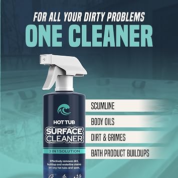 Hot Tub Surface Cleaner Fast Acting Formula, Easy Spray & Wipe Use, For Acrylic, Vinyl, Fiberglass, Inflatable, Swim Spa & Jet Tubs, Removes Dirt, Grime & Waterline Residue Made in USA, 16 oz