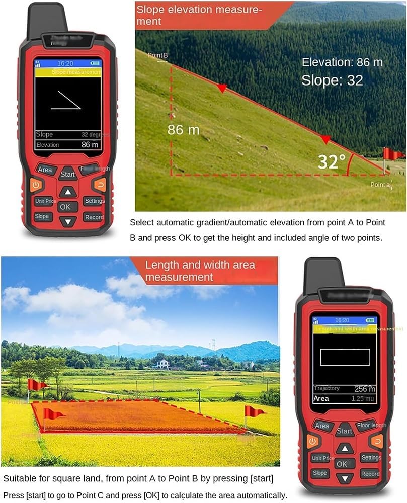 Miernik lądowy GPS, ręczne urządzenie do pomiaru powierzchni, sprzęt do pomiarów GPS z wyświetlaczem LCD 2,4", 3 tryby pomiaru, przenośny i wodoodporny, do rolnictwa, lasu, morza