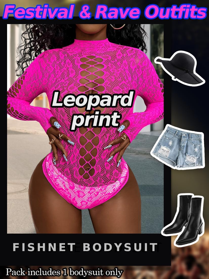 Women Sexy Leopard Fishnet Bodysuit - Mesh Tops Sheer Lingerie, Hollow Out Exotic Body Suits Festival Rave Outfits - Image 4