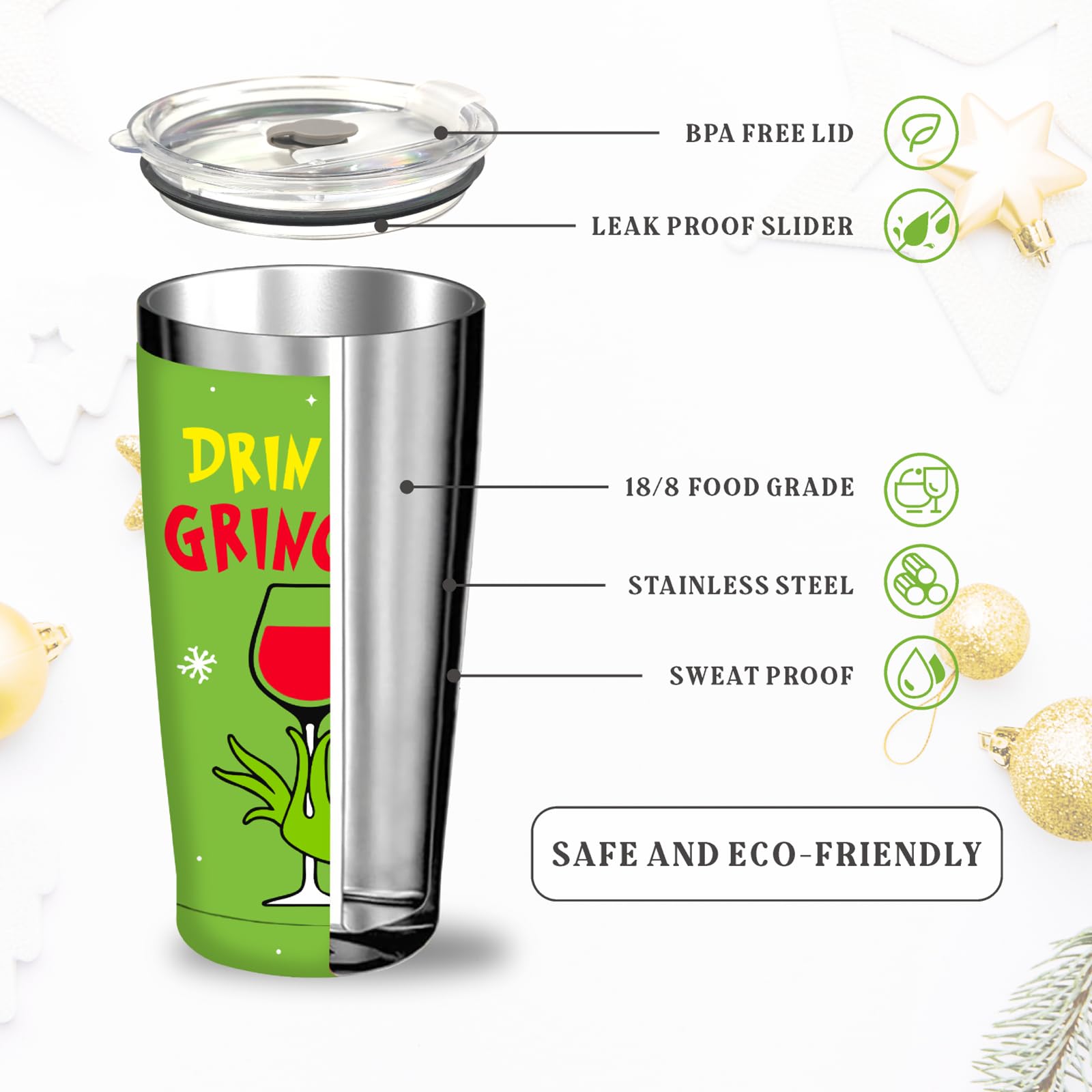 Bicchiere Isolante Natalizio Grinch | 600 Ml | Divertente Design, Mantiene Caldo E Freddo | Con Coperchio