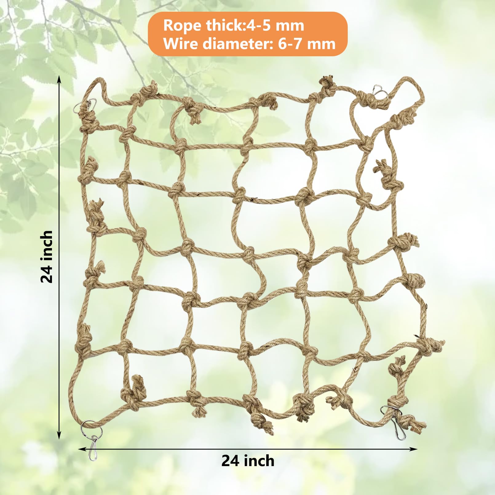Tfwadmx Red de cuerda natural para pájaros, tamaño grande – 24 x 24 pulgadas, hamaca para loros, escalera de escalada para pájaros, juguetes masticables para periquitos, guacamayos, conure, pinza,