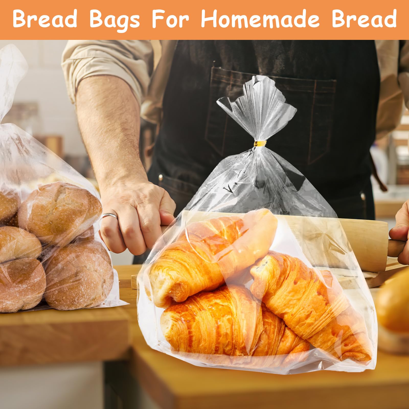 Bolsas de pan con lazos, paquete de 72 bolsas de pan transparentes para pan casero y 100 lazos, bolsas de pan de plástico reutilizables ajustables para panaderos caseros y propietarios de panaderías 6