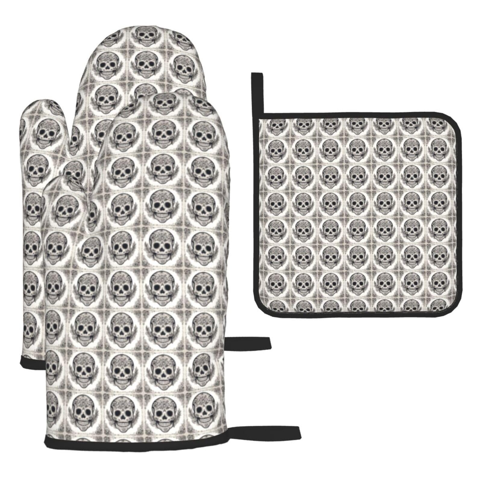 Mexican Skull Print Oven Mitts Kitchen Gloves Set Everyday Baking Grilling Microwaving Cooking Gift