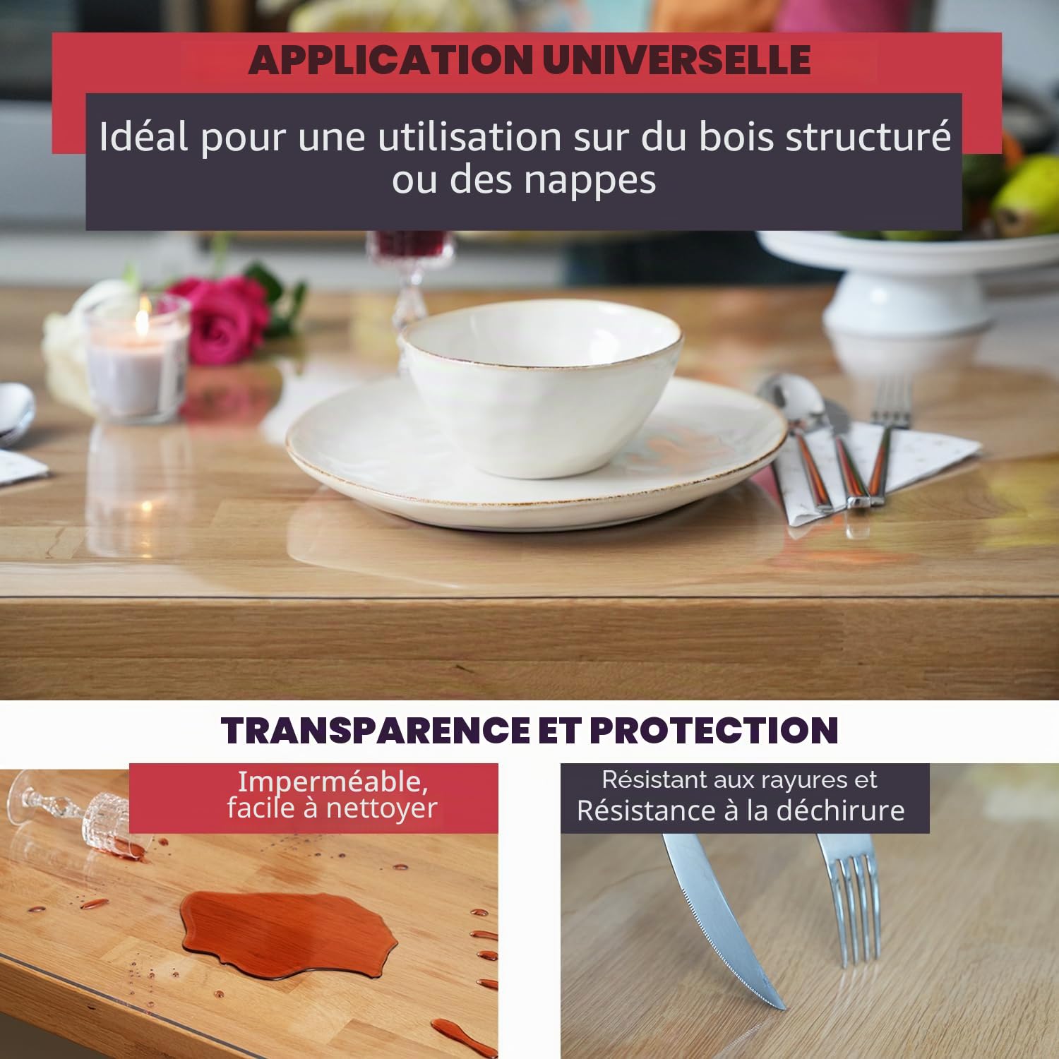 Film de table transparent sur mesure - Nappe transparente de 2 mm - Protection de table transparente - Lavable - Bord droit - 80 x 120 cm