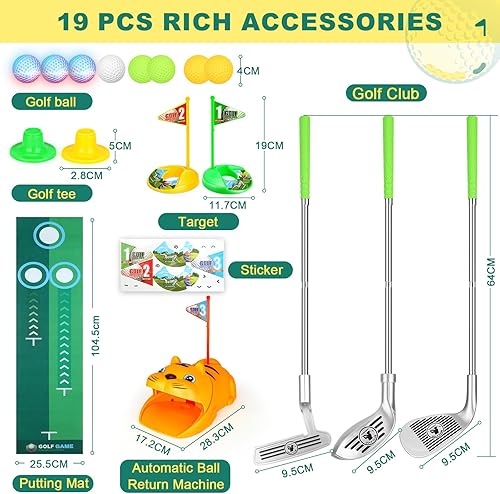 Miniatura 7 de Juego de golf de juguete mejorado para niños con tigre para niños de 3 a 8 años, juego de palos de golf para niños pequeños, retorno de golf