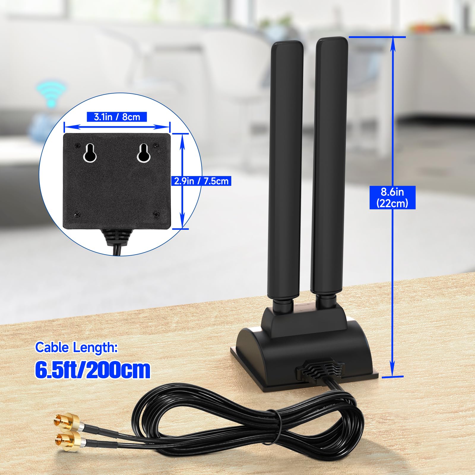Eightwood Antenna WiFi 7 2.4GHz 5GHz 6GHz WLAN 6E Tri-Band Antenna con Base Magnetica e Cavo di prolunga da 2m per PC Bluetooth Scheda Madre Schede WLAN PCI Card WiFi