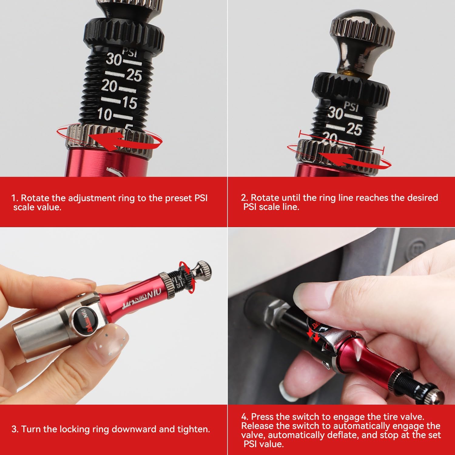 Adjustable Auto-Stop Tire Deflator, 5-30PSI, Air Down Tool for Offroad 4x4 (4 PCS), Tire Deflator Valve Kit for Truck, Pickup, Motorcycle, Jeep etc. 1 Second Operation Connect & Remove