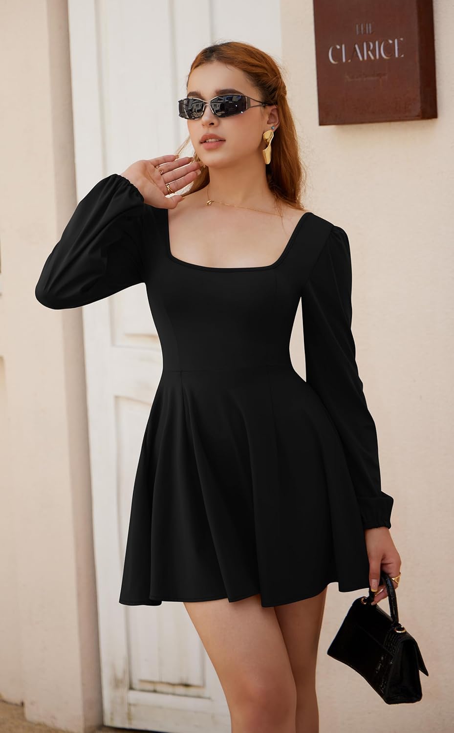 GOBLES Women's Elegant Long Puff Sleeve Square Neck Bodycon Mini Party Dress - Image 7