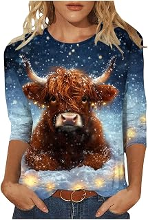 Highland Cow Funny Shirt Womens 3/4 Sleeve T-Shirt Cute Cattle Cowgirl T-Shirt Animal 3D Graphic Tee Farm Life Tops Multicolor